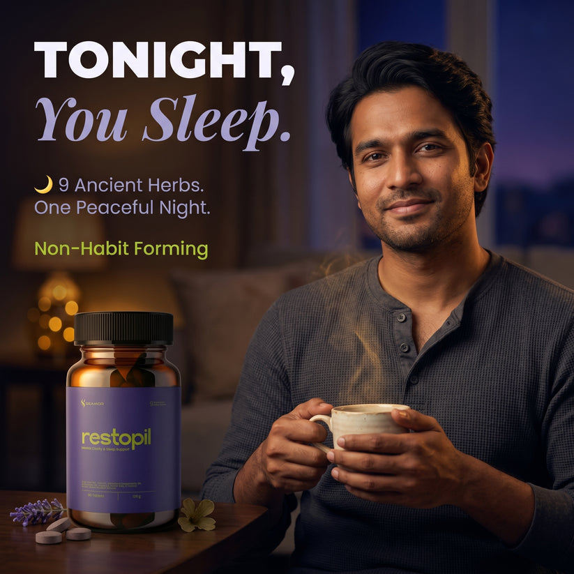 Seamor Restopil | 9-Ingredient Herbal Sleep Blend | Natural Sleep Promoter, Stress Reliever & Mind Relaxant | Non-Habit Forming Ayurvedic Tablets
