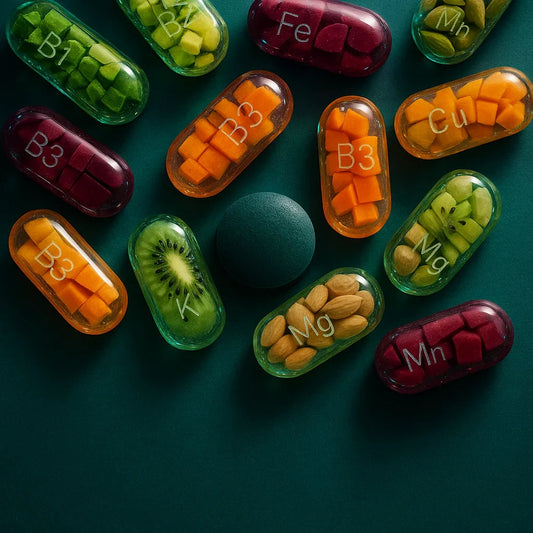 Colorful nutrient capsules filled with food items like kiwi, almonds, and labeled with vitamins and minerals on dark green background