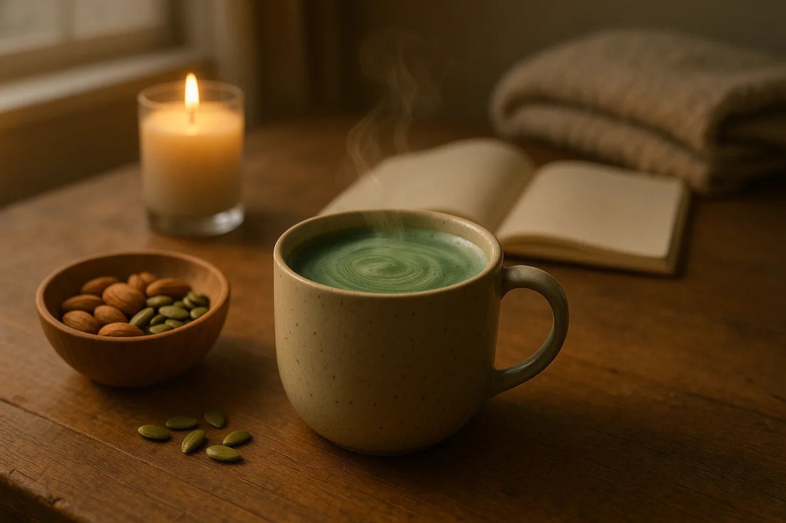 Steaming cup of green matcha latte on wooden table with nuts, lit candle, open book, and folded blanket
