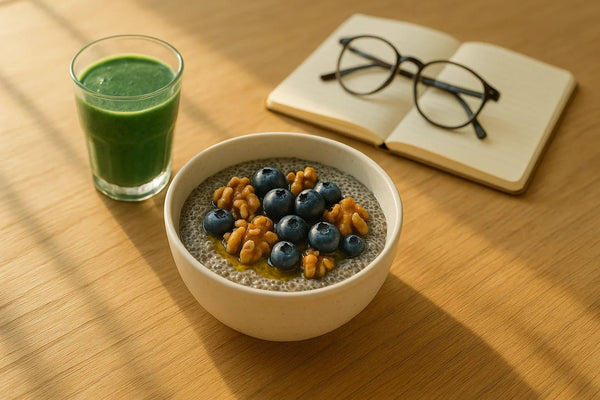 Chia pudding topped with blueberries and walnuts, green smoothie in glass, glasses and open notebook on wood table