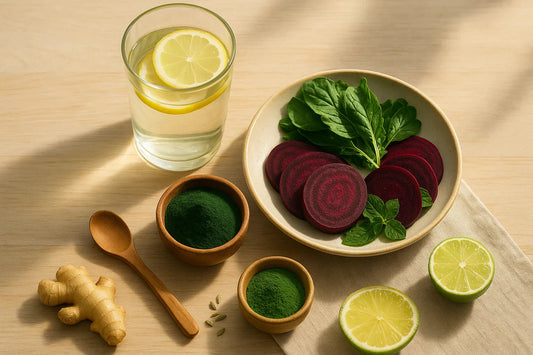 Healthy ingredients including beet slices, spinach, mint, lemon water, green powders, ginger, and lime on wooden table
