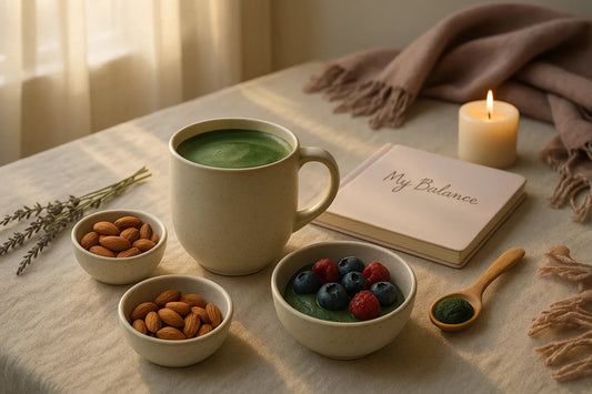 Cozy wellness scene with green matcha latte, almonds, berries, candle, and 'My Balance' journal on beige table