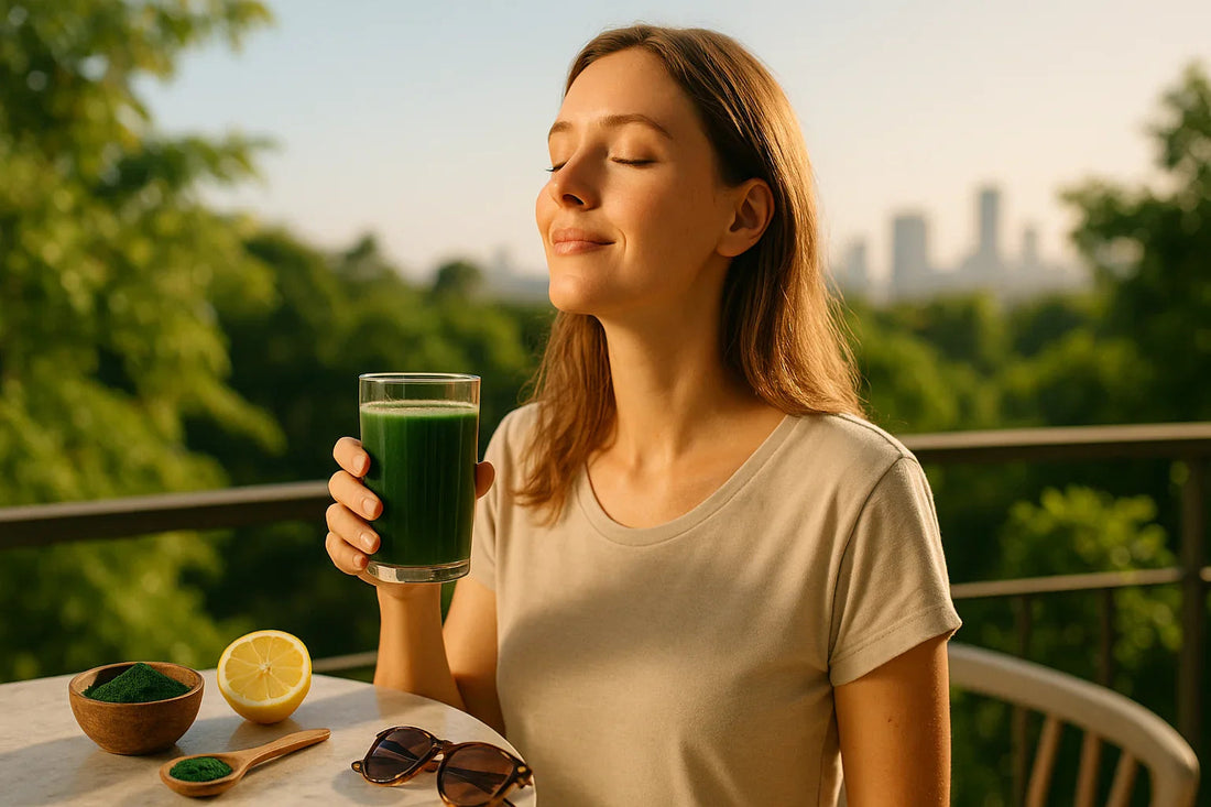 Relaxed woman enjoying green smoothie outdoors with fresh lemon and spirulina powder on table