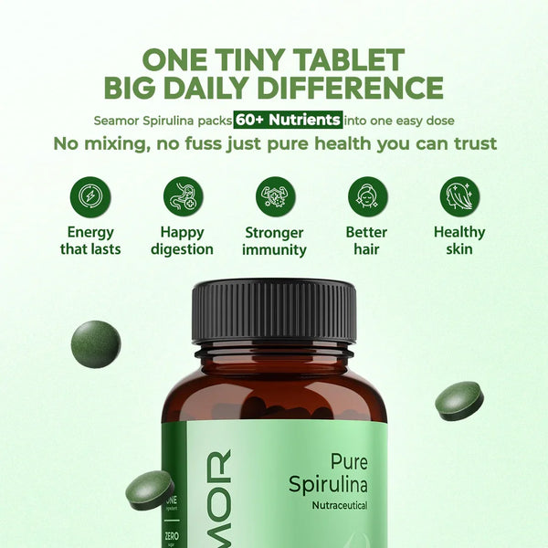 Seamor Organic Spirulina Tablets – Green Algae Superfood – Plant-Based Nutrition – Vegan, FSSAI Approved