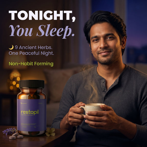 Seamor Restopil | 9-Ingredient Herbal Sleep Blend | Natural Sleep Promoter, Stress Reliever & Mind Relaxant | Non-Habit Forming Ayurvedic Tablets