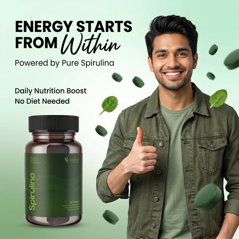 Seamor 100% Organic Spirulina Tablets 2000mg Per Serving | 120 Veg Tablets | Immunity, Energy & Detox | FSSAI Approved